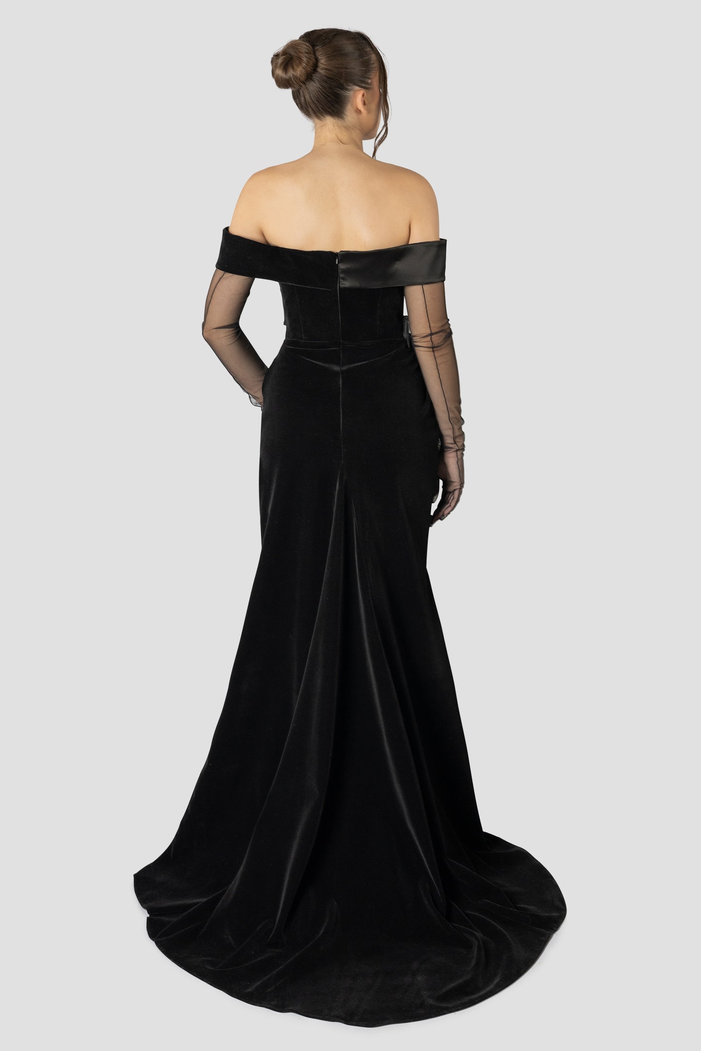 BLACK SATIN AND VELVET OFF SHOULDERS DRESS