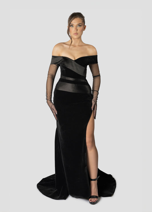 BLACK SATIN AND VELVET OFF SHOULDERS DRESS