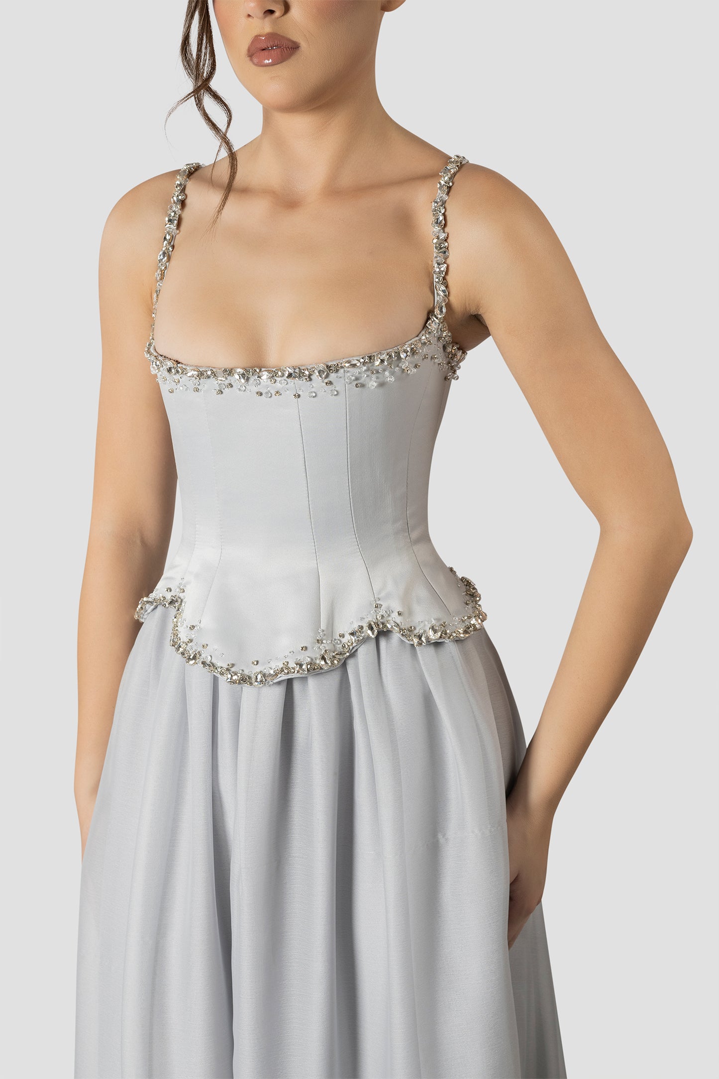 GRAY CORSET AND CHIFFON SKIRT SET