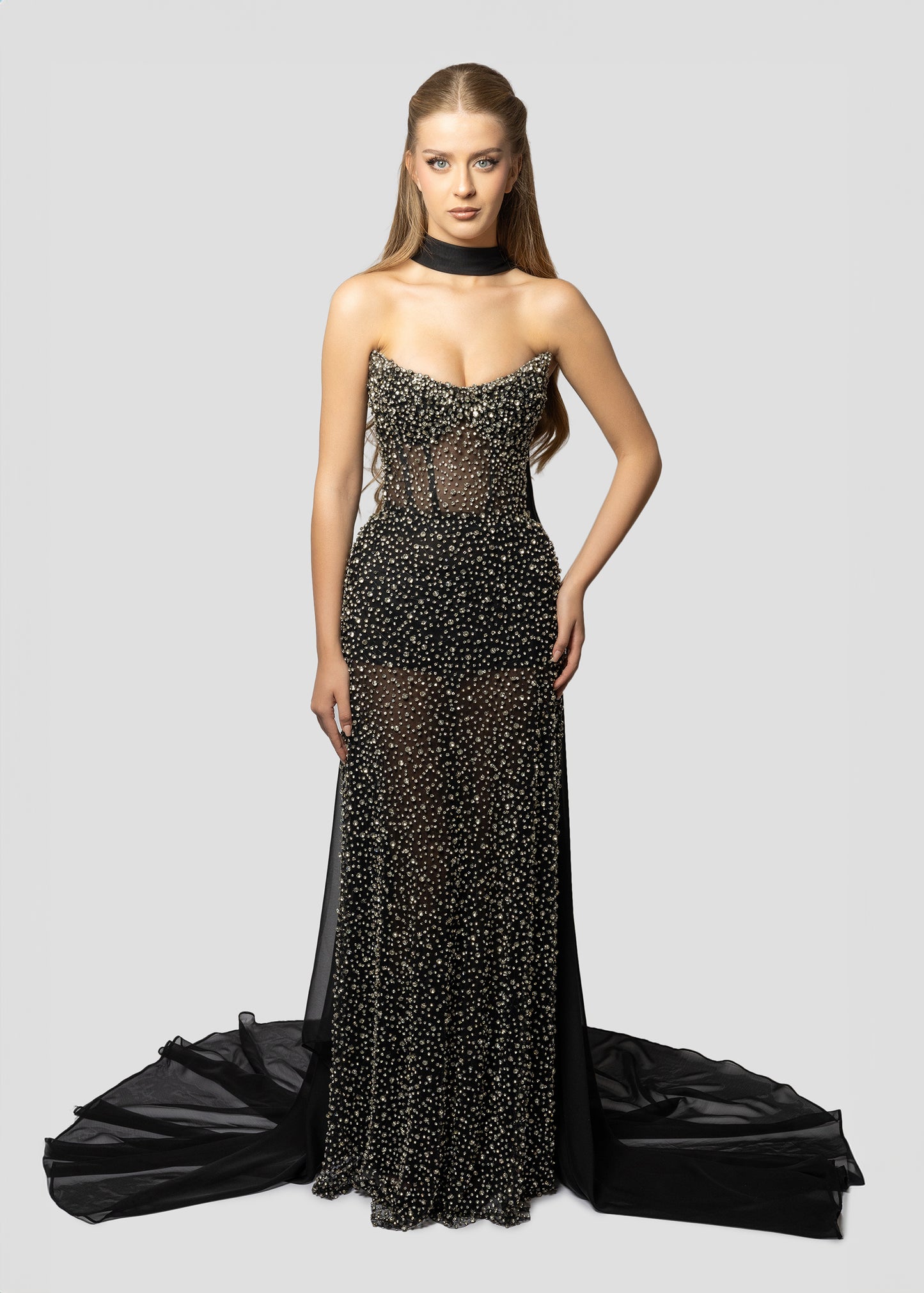 BLACK TULLE CRYSTAL DRESS