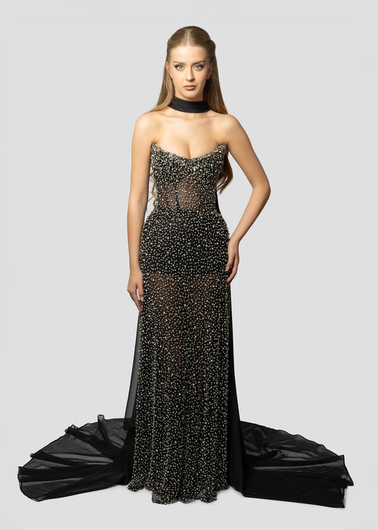 BLACK TULLE CRYSTAL DRESS