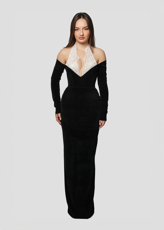 BLACK VELVET DRESS WITH LACE HALTER TOP
